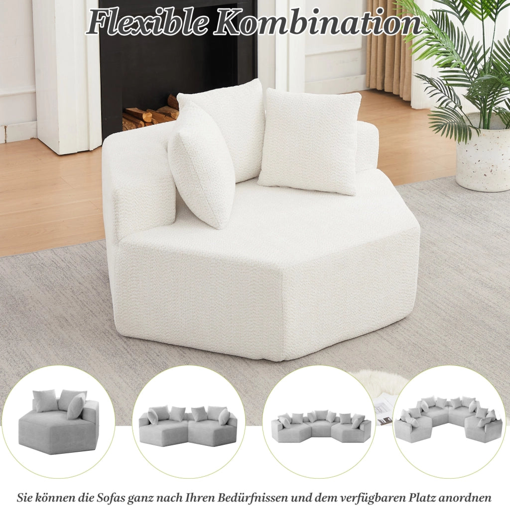 Poltrona lounge modulare esagonale in ciniglia beige con 3 cuscini