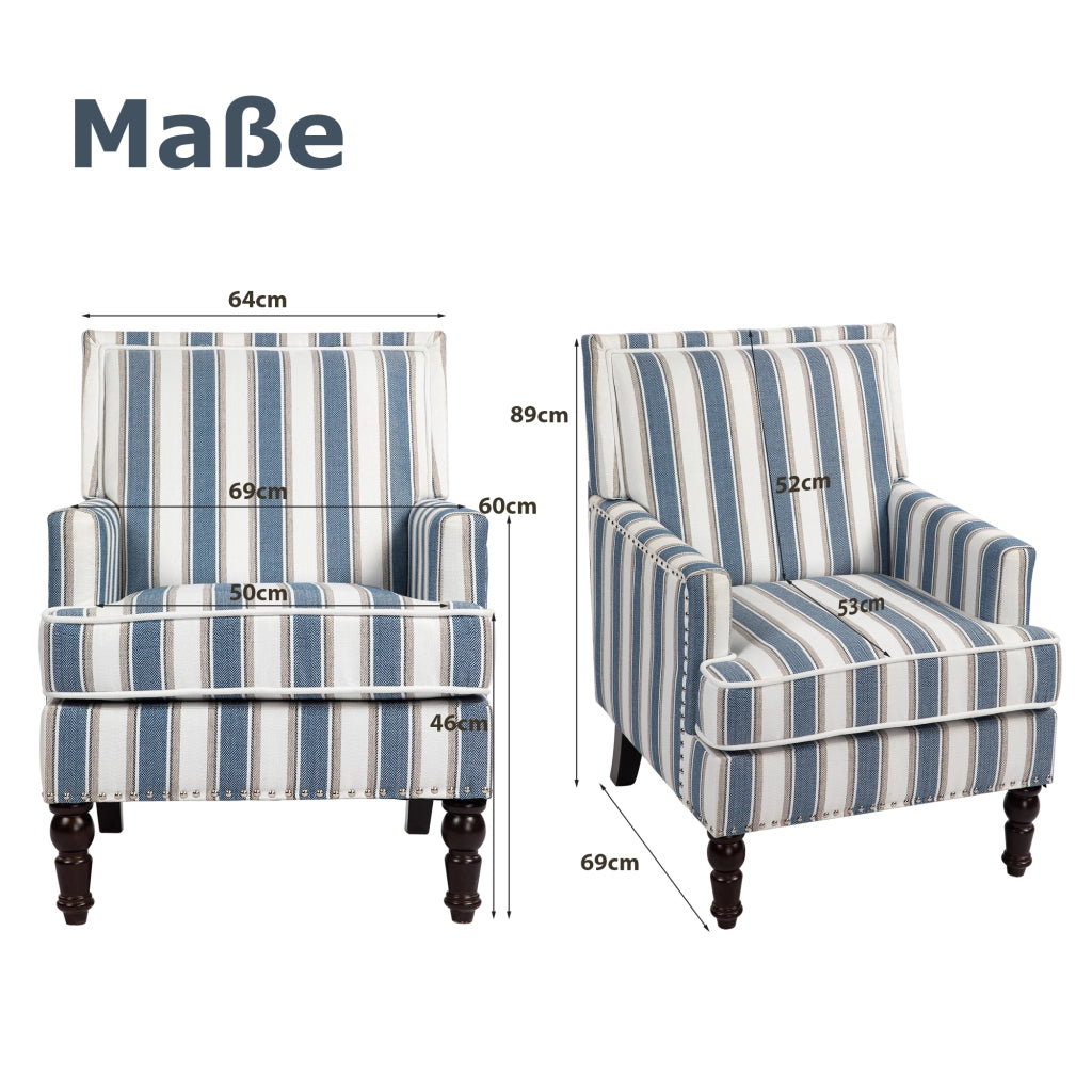 Sedia vintage imbottita - Zephmum- Blu e bianco in lino con borchie