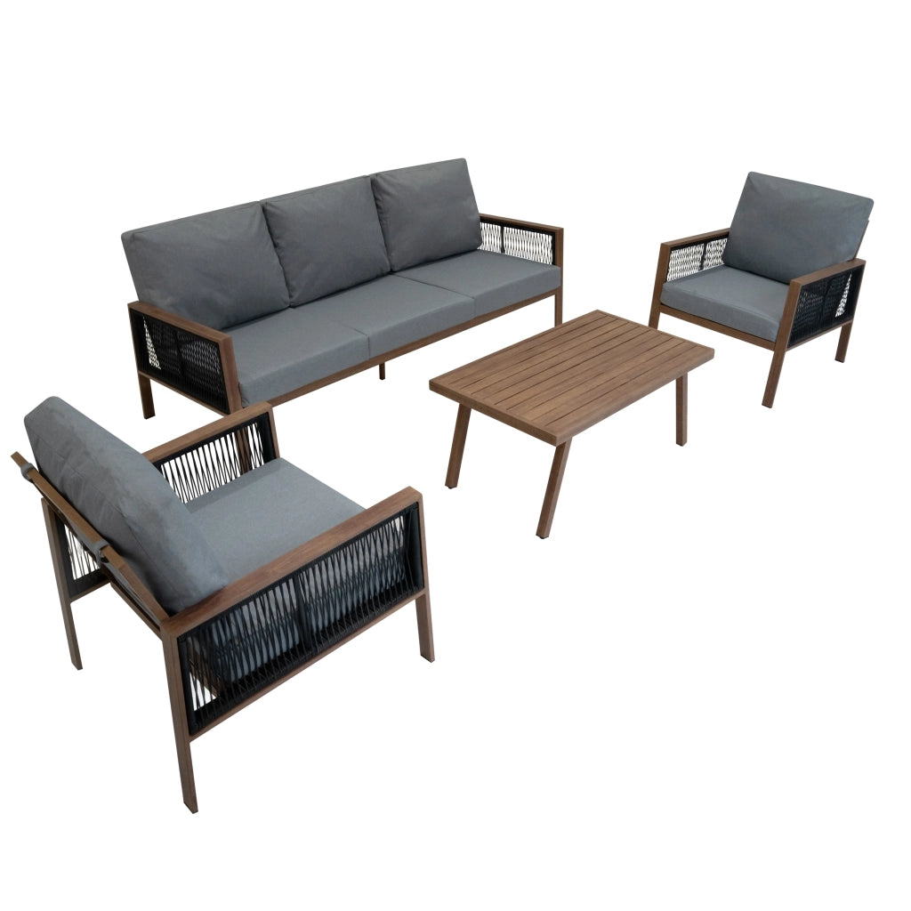 Set Mobili da Esterno 4 Pezzi in Alluminio Divano Tavolino Poltrone Effetto Legno