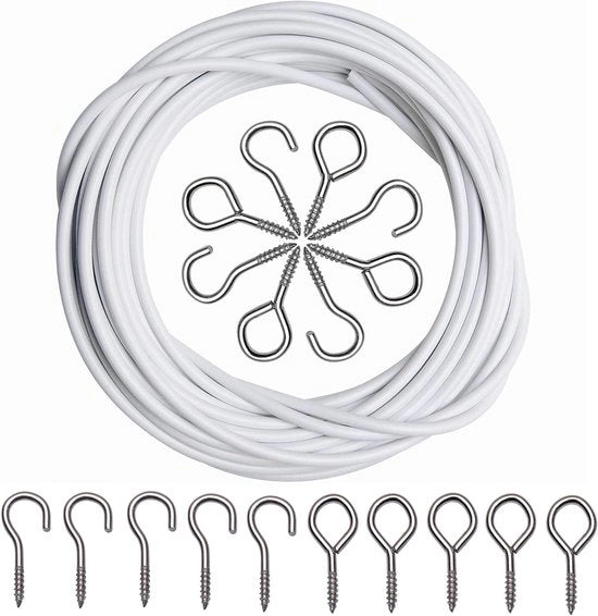 Cordone per tende a 4 metri con 6 ganci e 6 occhielli per installazione facile delle tende. Ideale per soggiorno e camera da letto.