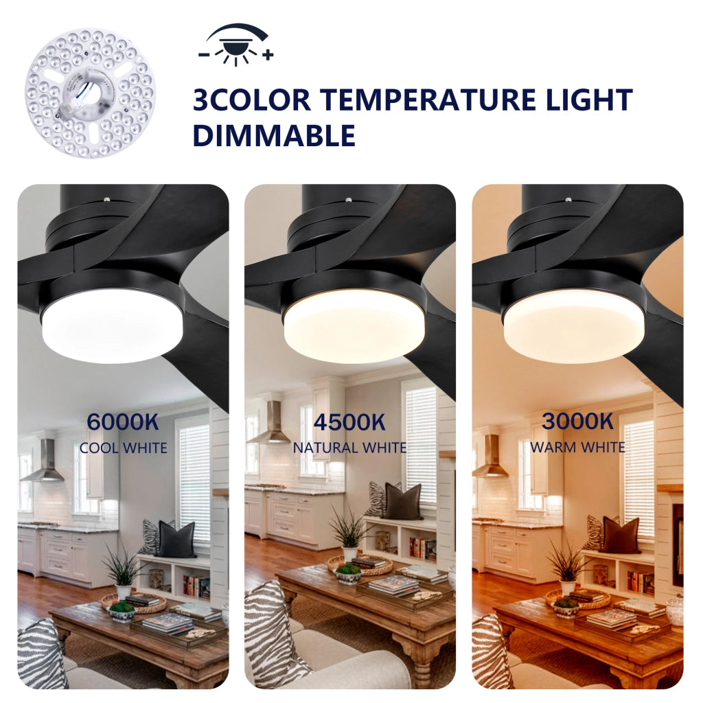 Ventilatore da soffitto in legno massello 52 pollici, 3 pale a spirale completamente nere, motore DC reversibile silenzioso, design moderno