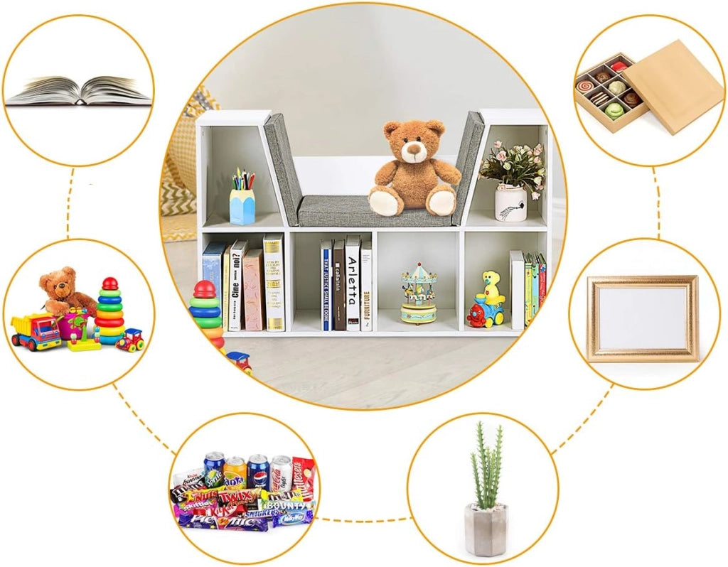 Libreria con Cuscino da Seduta, 6 Scomparti e 2 Ripiani con Panca Cameretta dei Bambini, Ufficio, Bianco