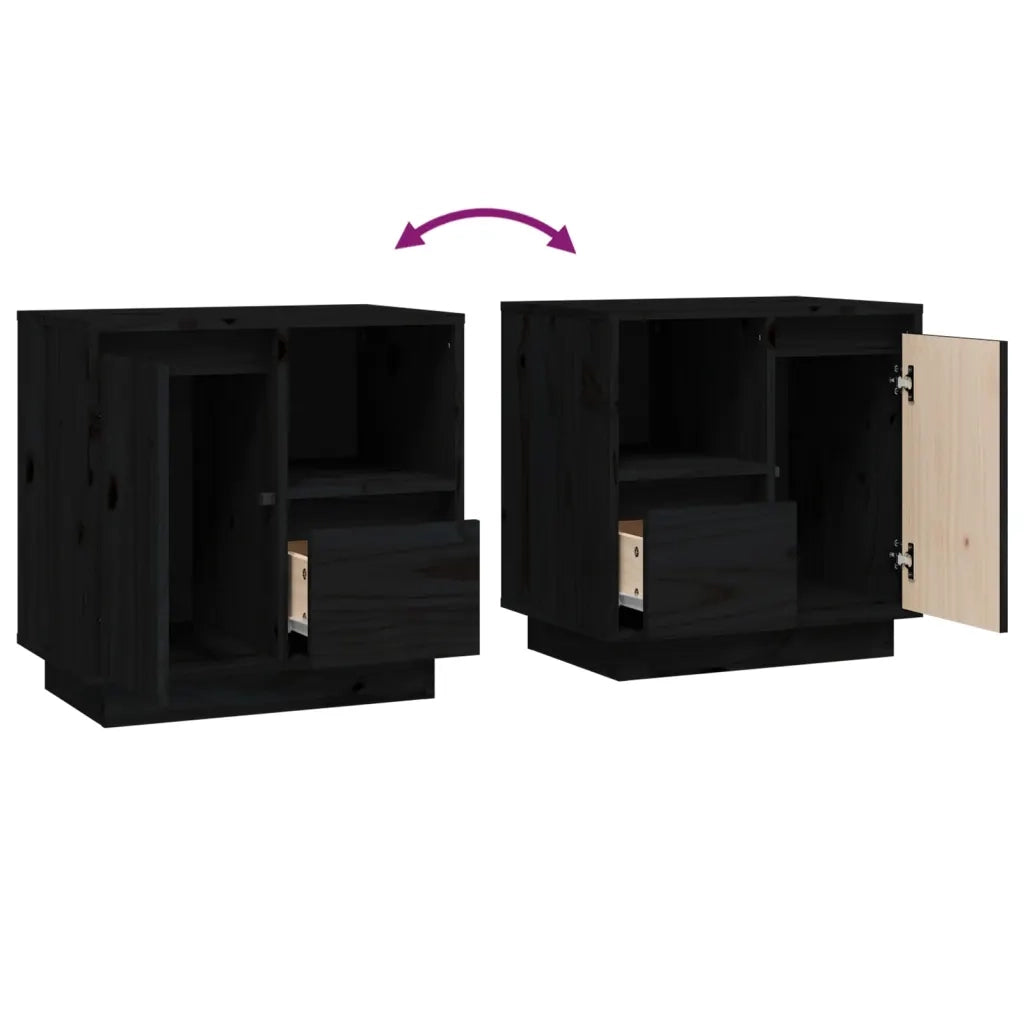 Set di 2 Comodini | Armadio da Notte | Mobiletto da notte Neri 50x34x50 cm in Legno Massello di Pino