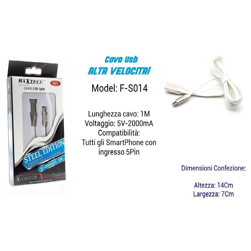 Trade Shop - Cavo Steel Edition Per Smartphone Uscita 5pin 5volt - 2000ma 1,00mt Maxtech F-s014 -