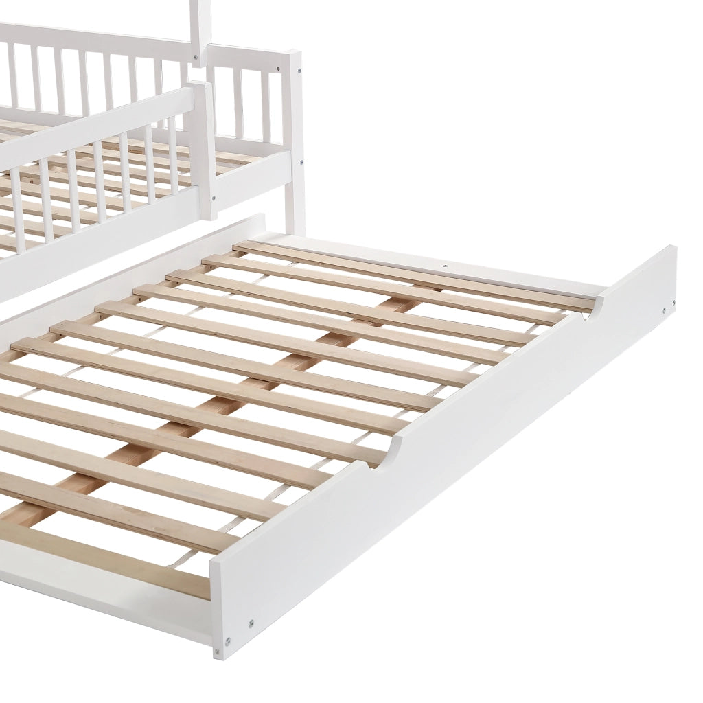 Letto Casetta 120x200 cm - Letto Estraibile; Sponda su 3 Lati e Tetto - in Legno - Bianco