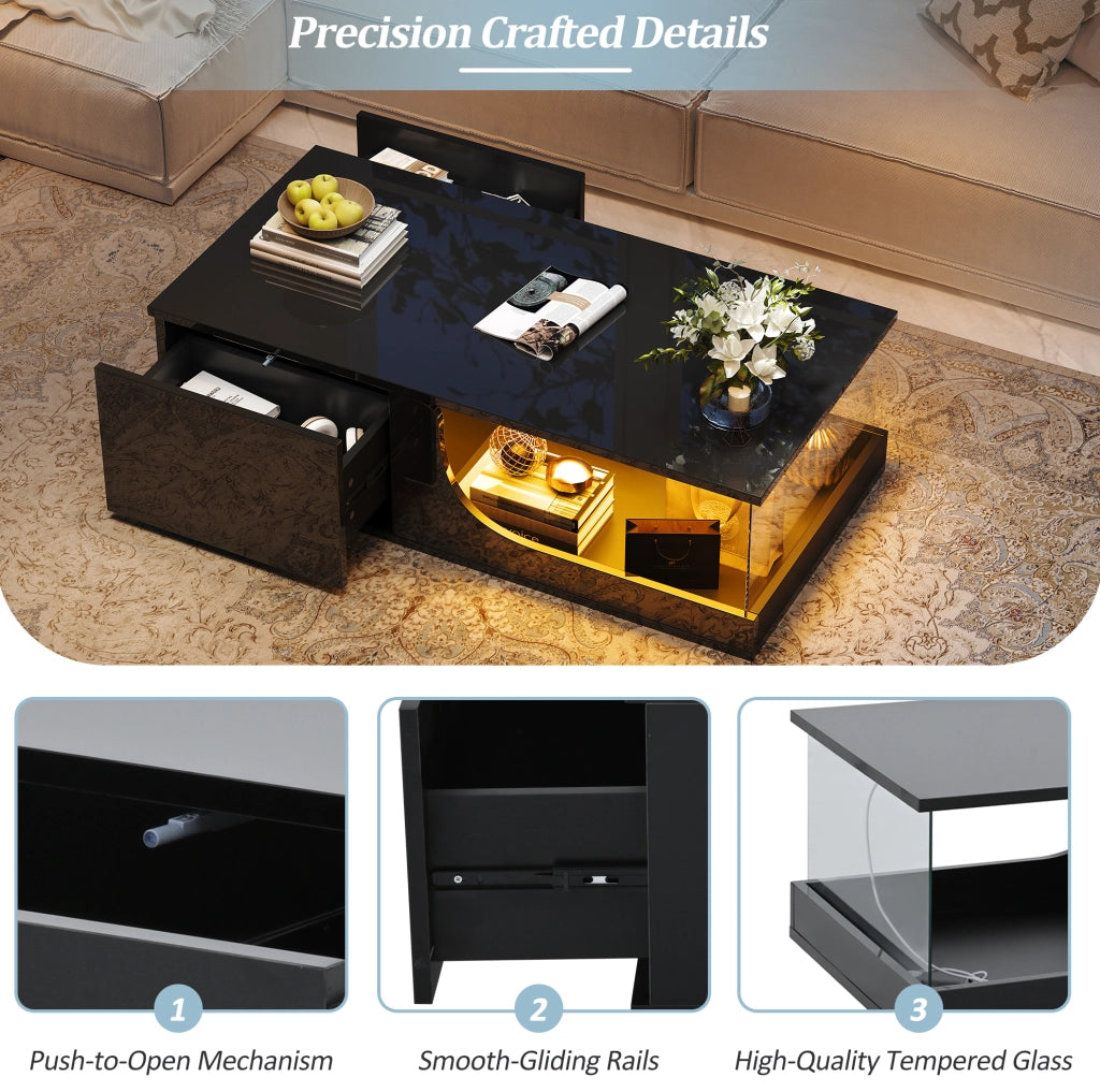 Tavolino da caffè con LED e 2 cassetti 100x50x30 cm in MDF e vetro temperato; nero