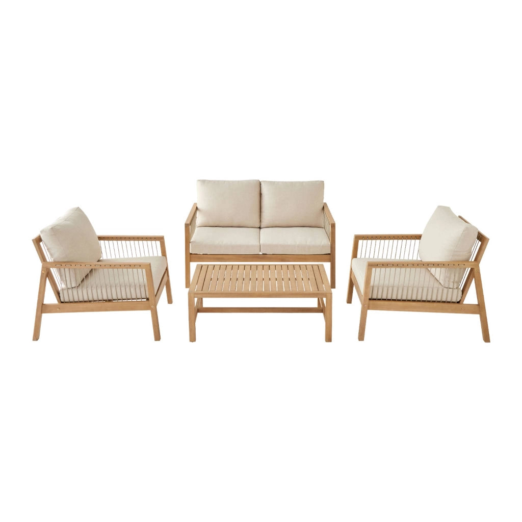 Salotto da giardino in legno e corda, 4 posti, beige
