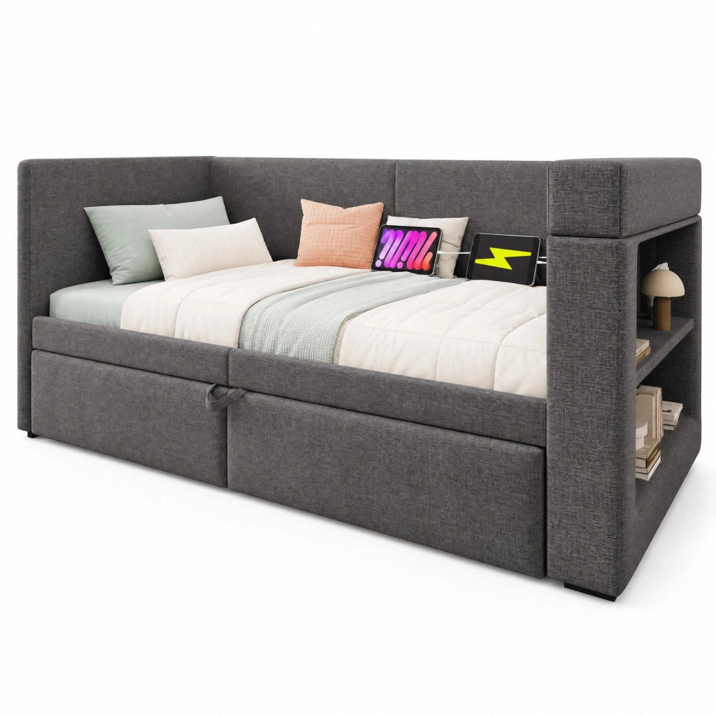 Letto singolo 90 × 200 cm con letto estraibile ricarica USB e Type-C in cotone e lino grigio