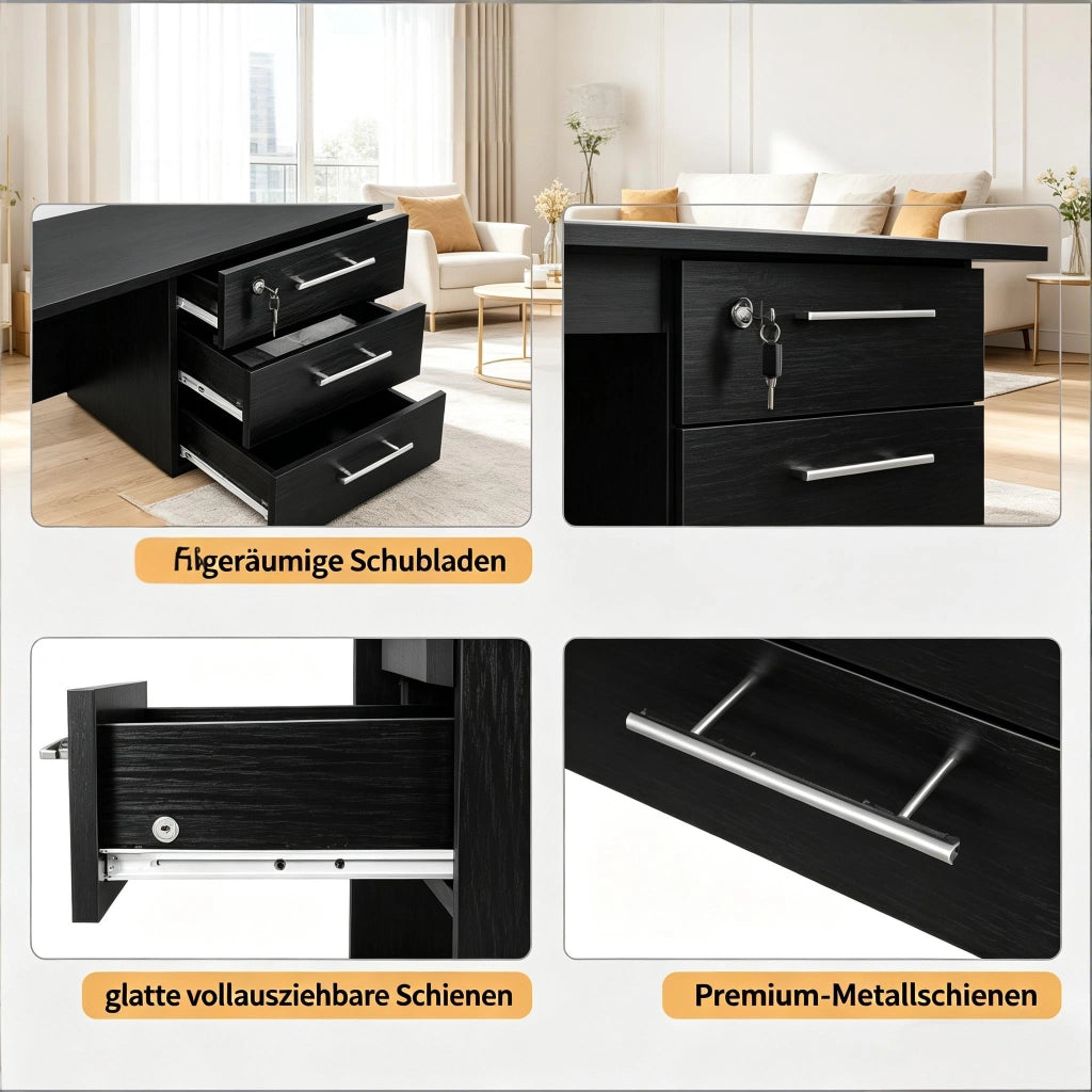 Scrivania lineare con 3 cassetti, serratura e guide silenziose, per ufficio e studio, in legno nero, 120 × 60 × 75 cm