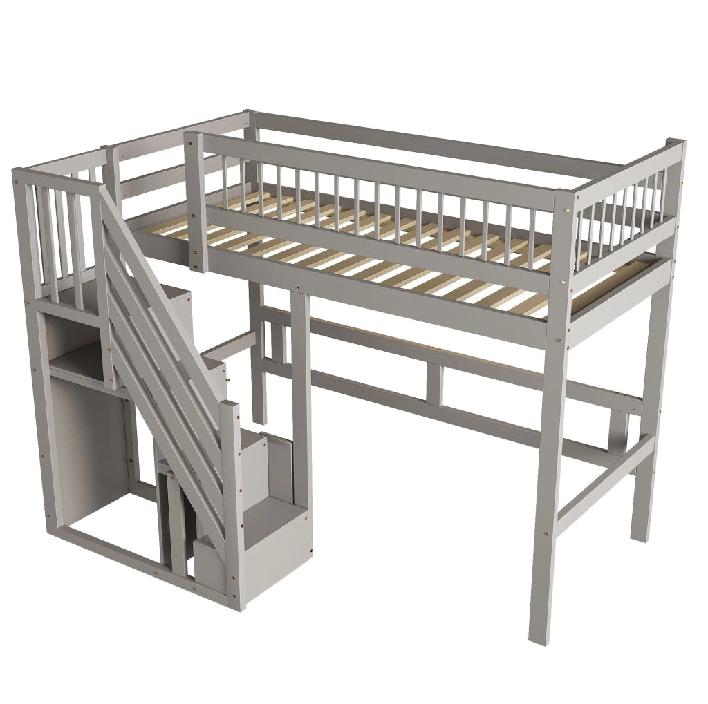 Letto singolo 90 x 200 cm con scala contenitore; legno; grigio