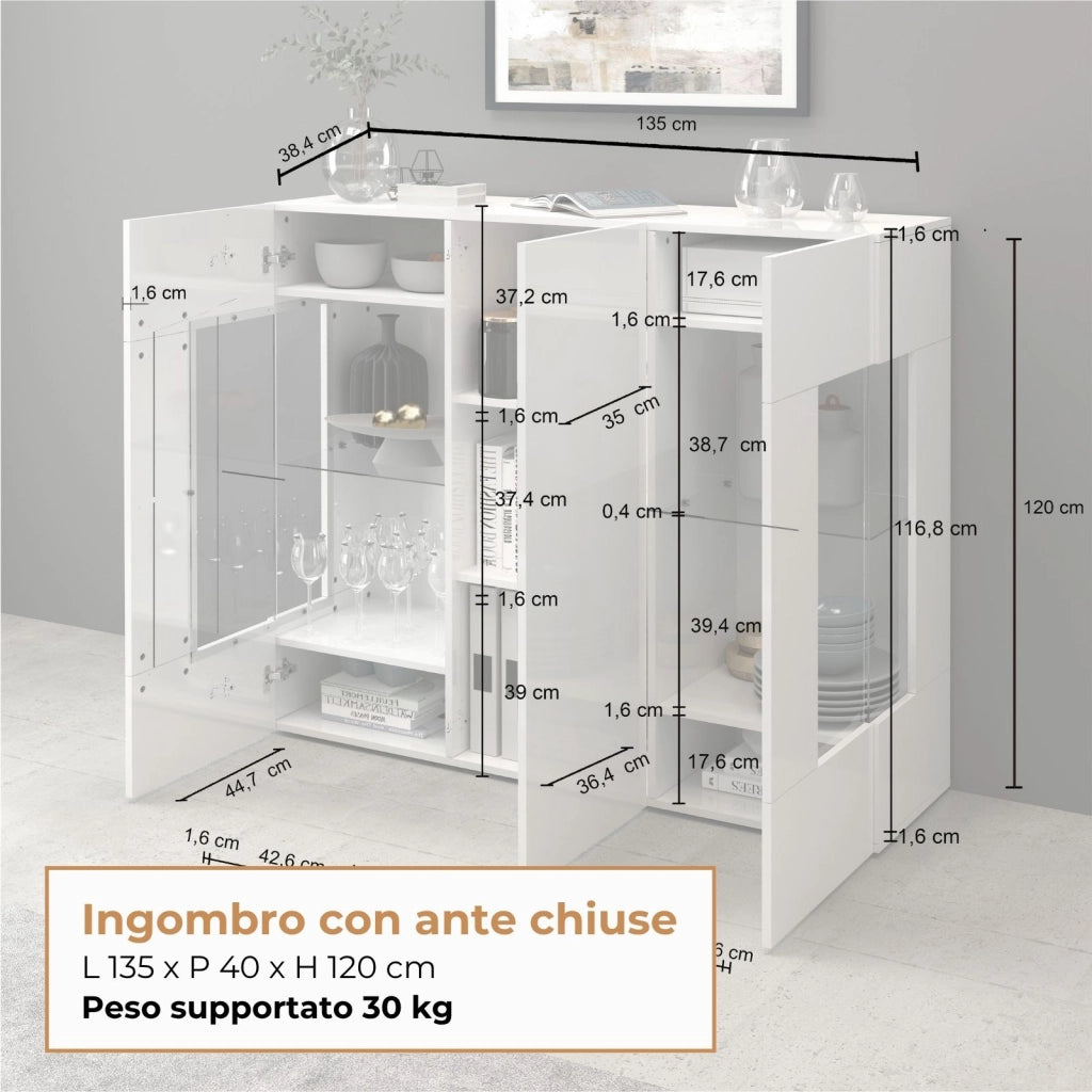 WHOUS Credenza Egypt con 3 ante e inserti in vetro espositivi bianco lucido 135x40x120 cm