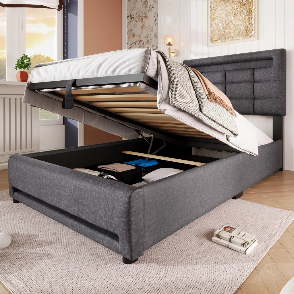 OKWISH Letto Singolo 90×200 cm con Contenitore, LED Regolabile, USB e Controllo tramite App, senza Materasso, in Lino, Grigio