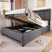 OKWISH Letto Singolo 90×200 cm con Contenitore, LED Regolabile, USB e Controllo tramite App, senza Materasso, in Lino, Grigio