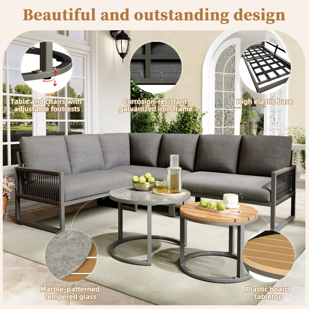 Set lounge da giardino con 3 divani e 2 tavolini; struttura in metallo e poliestere grigio