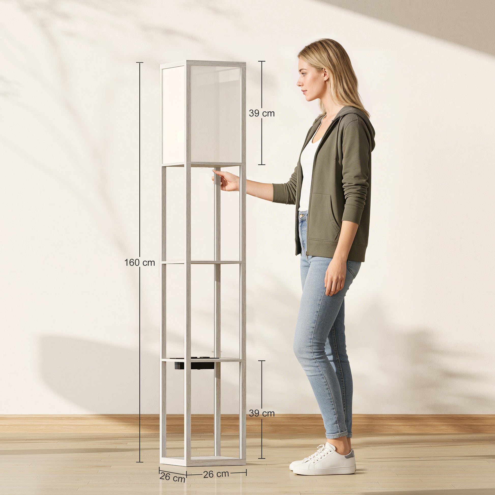 Lampada da Terra 26x26x160 cm Struttura con Ripiani Luce Regolabile Interruttore a Pedale e Porte USB in MDF Bianco e
