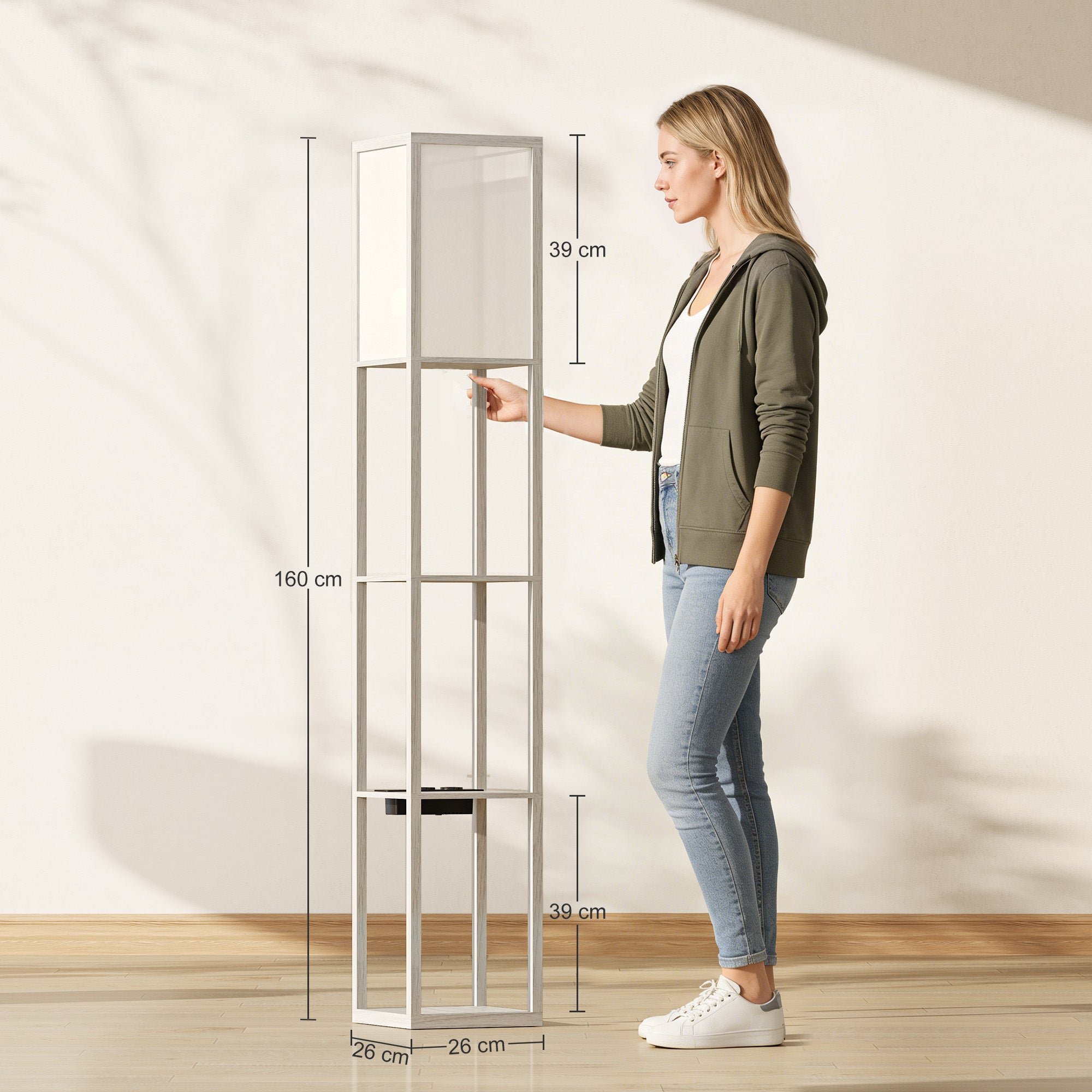 Lampada da Terra 26x26x160 cm Struttura con Ripiani Luce Regolabile Interruttore a Pedale e Porte USB in MDF Bianco e