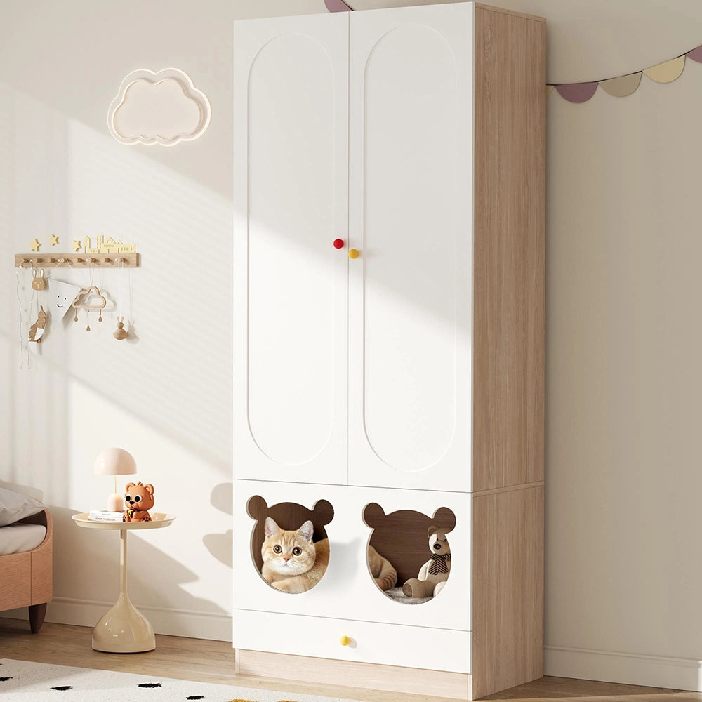Armadio bambino con cuccia per gatto - Xylo - ante laccate, maniglie ceramica, 80x50x200 cm, bianco e naturale
