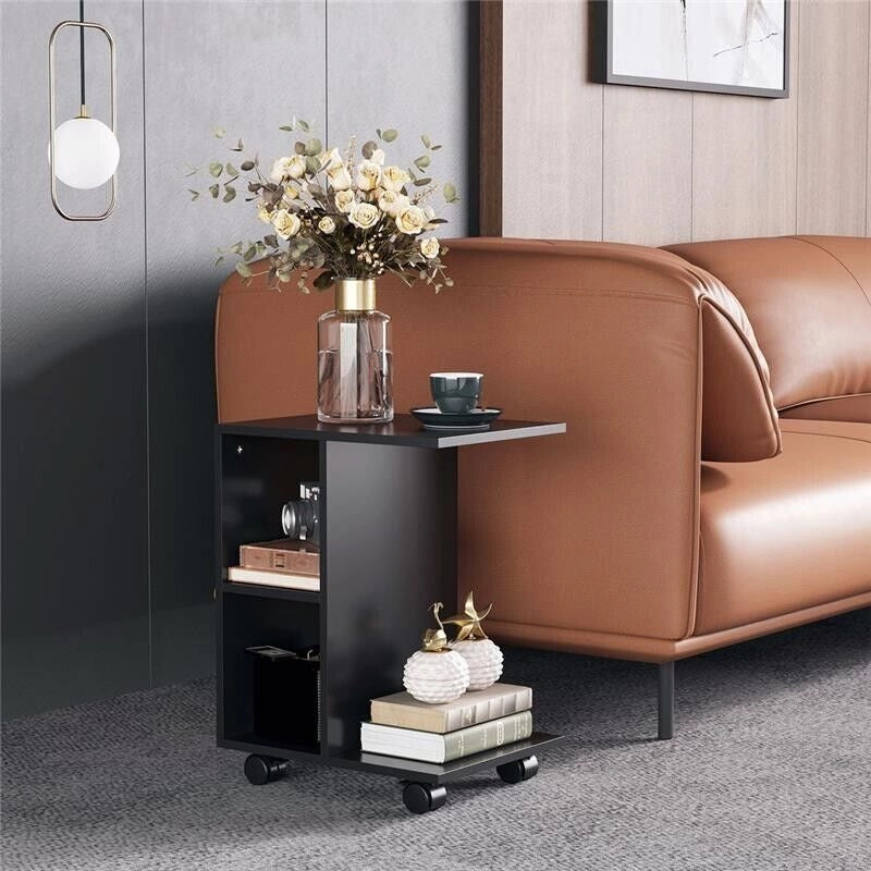 TAVOLINO DA SALOTTO A C CON 2 RIPIANI APERTI E 4 RUOTE 45X35X58 CM NERO