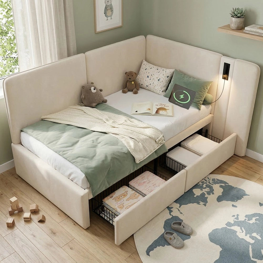 Letto Imbottito con Cassetti ¨C Xylo ¨C Velluto Beige 90x200 cm