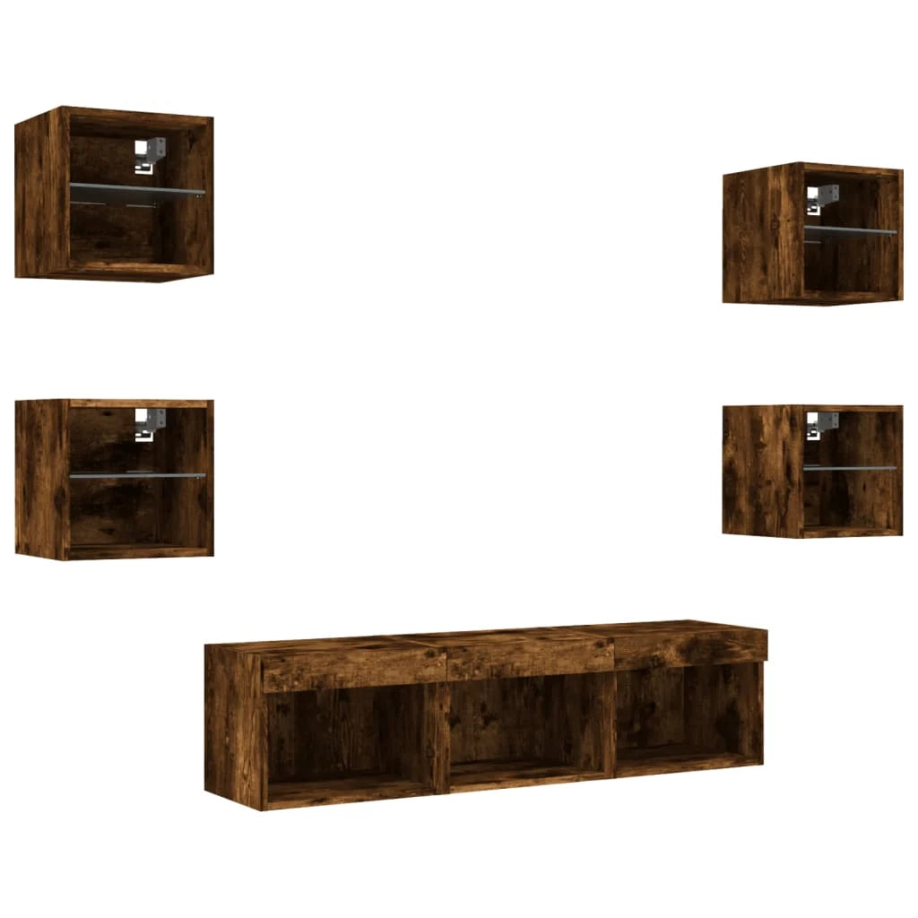 Mobile TV multimediale scaffale TV credenza mobile TV sala da pranzo soggiorno camera da letto con illuminazione a LED 7 pezzi rovere affumicato legno ingegnerizzato marrone 02_0029469