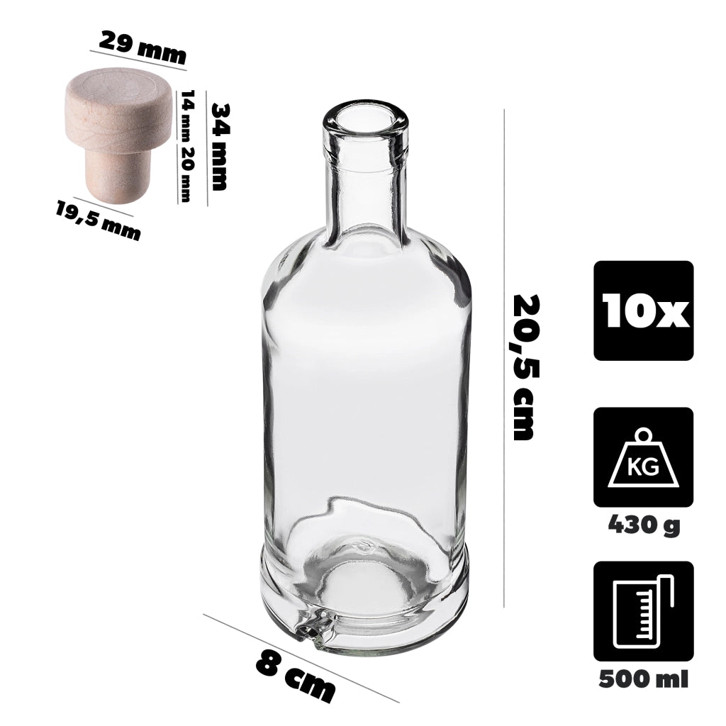 Bottiglie in vetro KADAX Tadek da 500 ml (0,5 l) per vino e liquori, confezione da 10 pezzi con tappo di sughero.