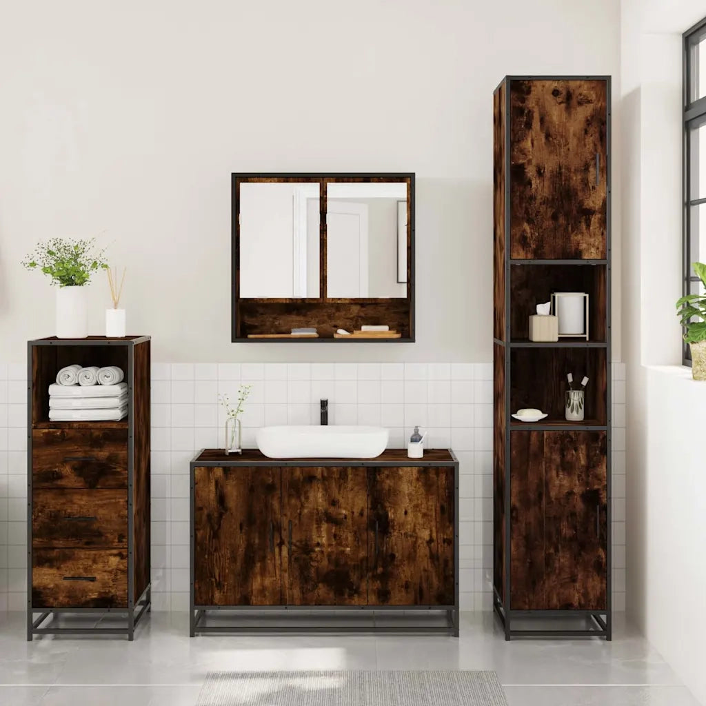 Set Mobili da Bagno 3 pz Rovere Fumo in Legno Multistrato 3301042
