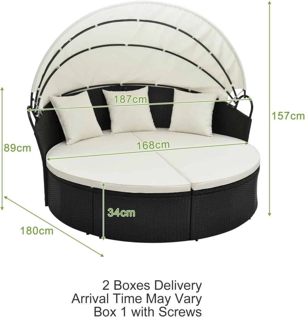 Set Giardino da Esterno in Rattan PE, Divano Rotondo in 4 Pezzi con Cuscini, Lounge Letto Matrimoniale con Tettuccio Parasole, Lettino Prendisole Max 360kg per Piscina e Cortile, 168x180x157