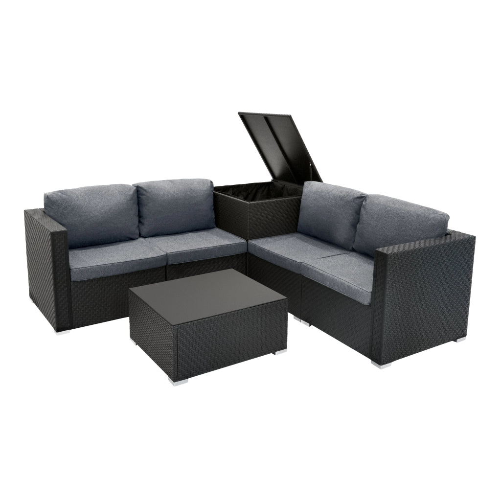 Set Divani Rattan Nero 6 Pezzi con Cuscini, Tavolino e Baule 250L