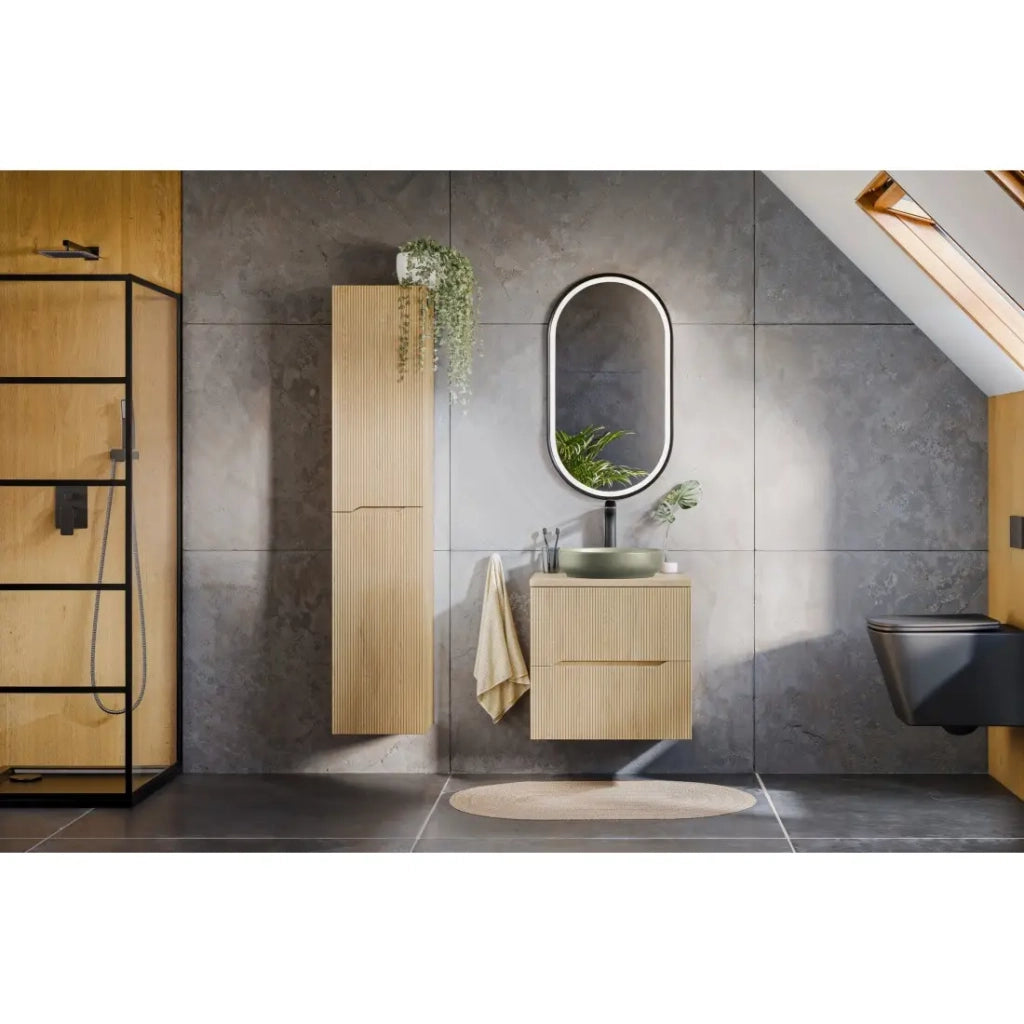 Mobile sottolavabo NATURA – 2 cassetti – Rovere chiaro – L60 × P45 × H57 cm – Da appendere