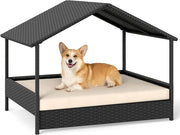 Casetta per Cani da Esterno e Interno, Letto Rialzato in Rattan con Struttura in Metallo, Tetto Impermeabile e Cuscino Rimovibile, per Cani di Taglia Piccola e Media fino a 60 KG (Beige)