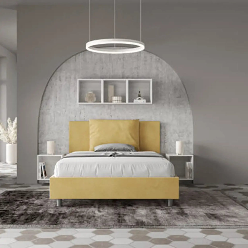 Letto matrimoniale francese senza rete imbottito 140x200 microfibra ocra Antea