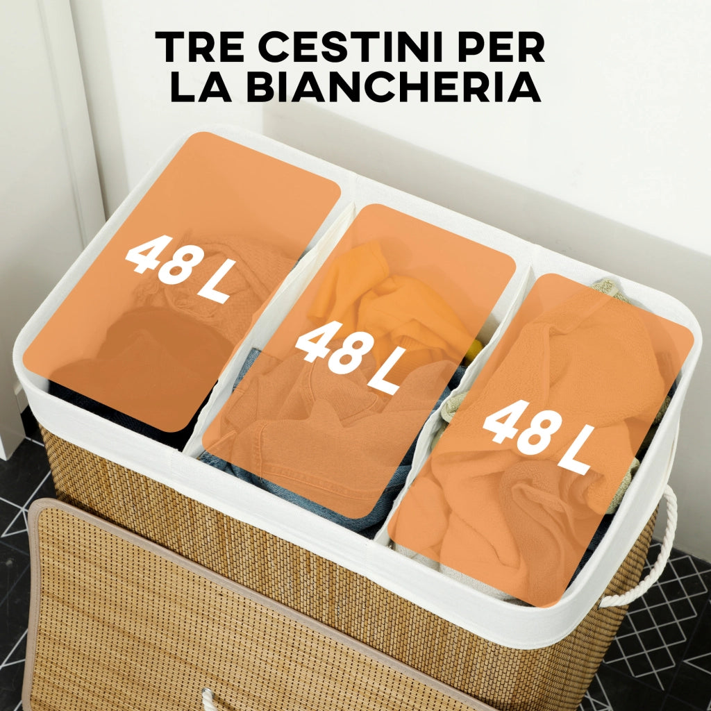 Cesto Portabiancheria 60x40x60 cm con Coperchio 3 Scomparti 144L con Sacca Removibile e Lavabile in Bambù Marrone