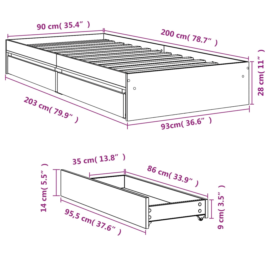Letto singolo | Letto per adulti | Giroletto Cassetti Rovere Sonoma 90x200 cm Legno Multistrato