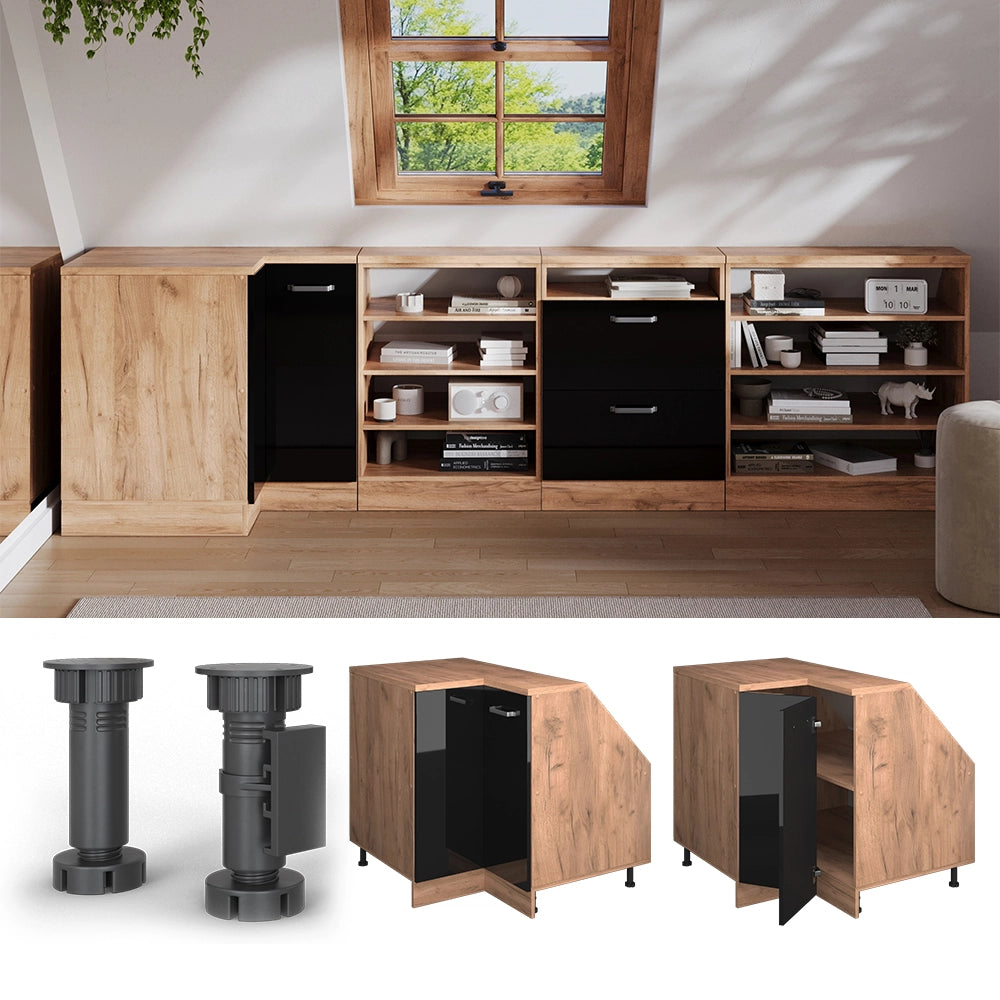 Mobile sottotetto Mobile angolare Rion Nero lucido/Rovere dorato 75.6 x 83.8 cm con 1 porta, carcassa dell’armadio profondità 60 cm Vicco