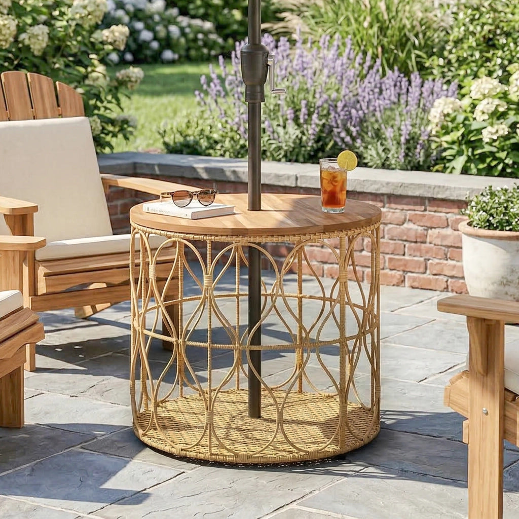 Comodino laterale da 50 cm con piano effetto rattan in legno di acacia regolabile in teak