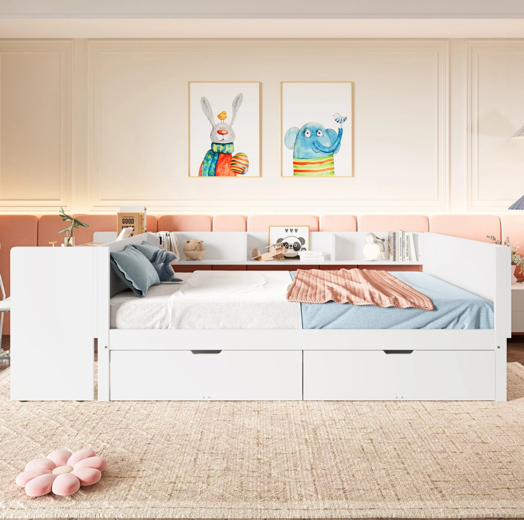 Letto matrimoniale con scrivania, 2 cassetti e 3 ripiani, bianco, 140x200 cm