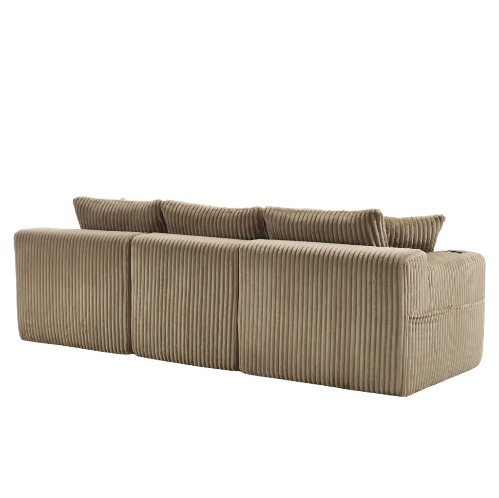 Divano modulare ULEVR con chaise longue e modulo 2 posti, 5 cuscini, portabevande e tasche laterali, velluto a coste kaki