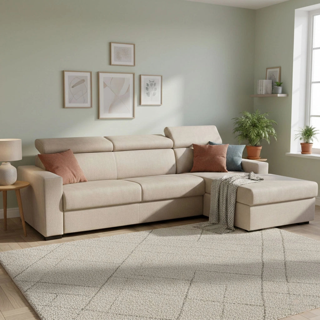 Divano Letto Allevatore, Divano ad angolo, Made in Italy, SofÒ  con apertura girevole, con Penisola contenitore Destra, con Braccioli standard, cm 280x95h85, Beige
