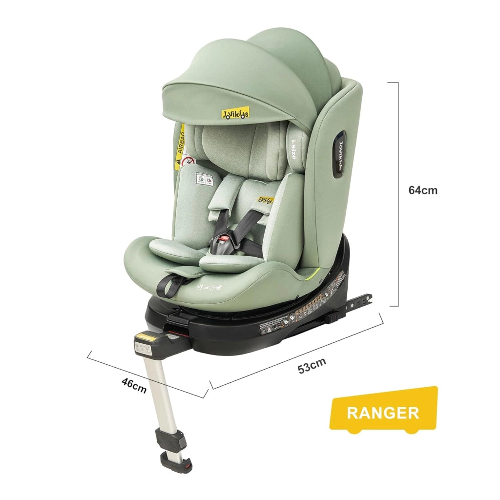 Seggiolino auto per bambini i-Size 360° girevole con ISOFIX, reclinabile e cappottina in tessuto verde
