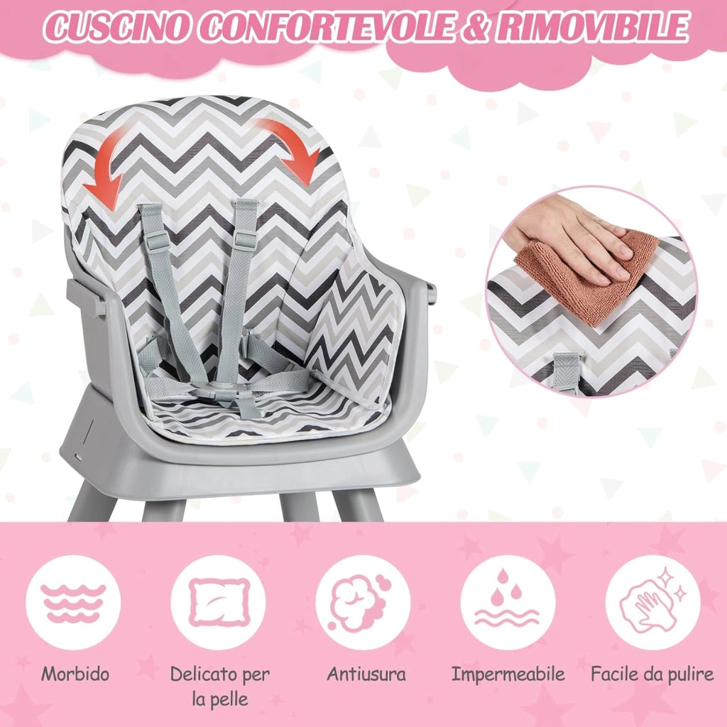 Seggiolone Pappa per Bambini 6 in 1, Seggiolone per Neonati Convertibile, Tavolo per Costruzioni per Bambini, con Imbracatura a 5 Punti, per Bambini da 6 Mesi fino 3 Anni (Gessato)
