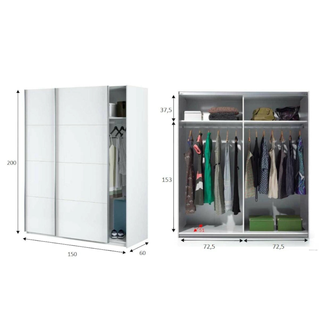 Guardaroba Opi, Armadio per camera da letto a 2 ante scorrevoli, Mobile con barra appendiabiti e 2 ripiani, cm 150x60h200, Bianco