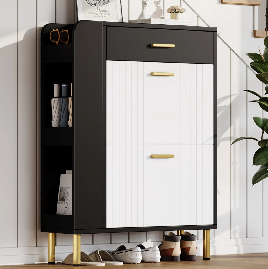 Scarpiera slim con 2 ante a ribalta; 1 cassetto e 3 scomparti aperti; 80x24x105 cm; bianco e nero