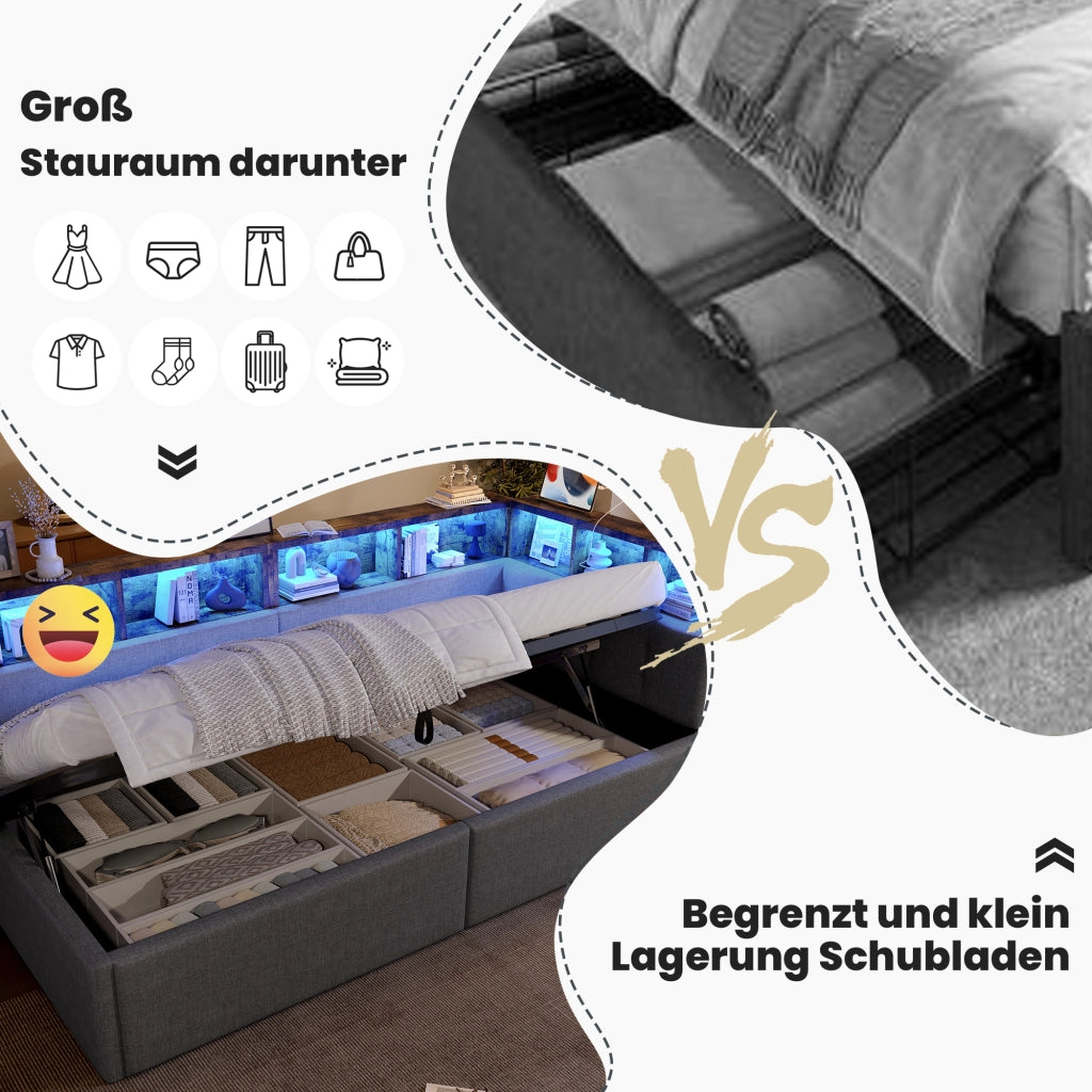 Letto singolo 90×200 cm con USB; tipo C; LED e vani portaoggetti; senza materasso; lino; grigio