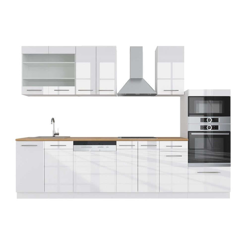 Cucina componibile Fame-Line Bianco lucido/Bianco 300 cm con armadio alto, PL Rovere Vicco