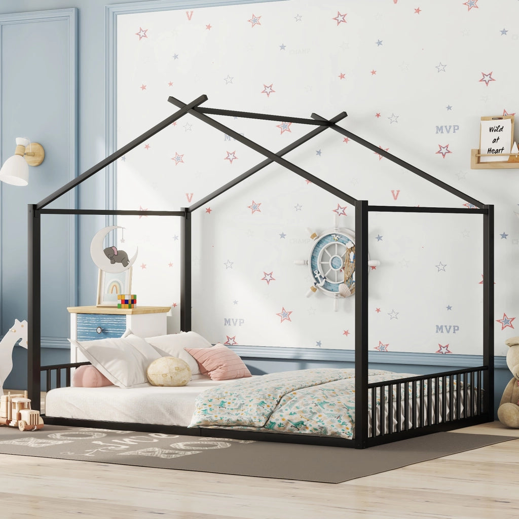 Letto a baldacchino in metallo nero 140x200 cm con struttura a forma di casa