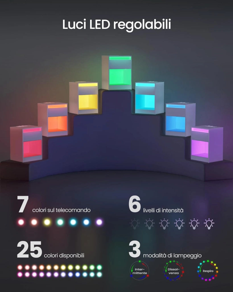 VASAGLE KAILYN Collezione - Comodino a LED con Stazione di Ricarica, Tavolino con Luci LED Regolabili, 2 Prese AC, 2 Porte USB, Moderno, per Camera da Letto Soggiorno, Bianco Nuvola LET618T15