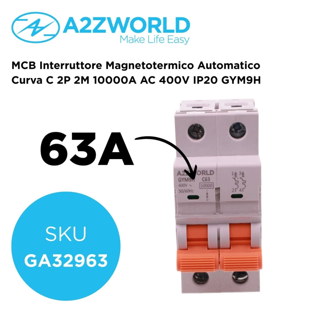 MCB Interruttore Magnetotermico Automatico Curva C 2P 2M 10000A AC 400V IP20 GYM9H, Accoppiabile Con Bobina di Sgancio GA01231 GA01232, Disponibili 25A 32A 40A 63A (C63A)