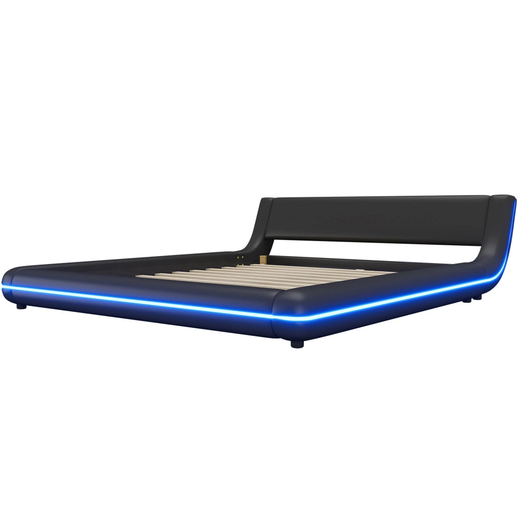 Letto a terra ULEVR 160x200 cm con LED multicolore controllabili tramite app e telecomando, PU e MDF, nero