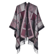 Sciarpa/mantello da donna con spacco e nappe, fantasia a quadri classica, extra large, spessa e calda, lavorata a maglia.