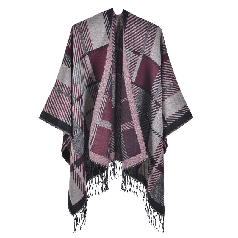 Sciarpa/mantello da donna con spacco e nappe, fantasia a quadri classica, extra large, spessa e calda, lavorata a maglia.